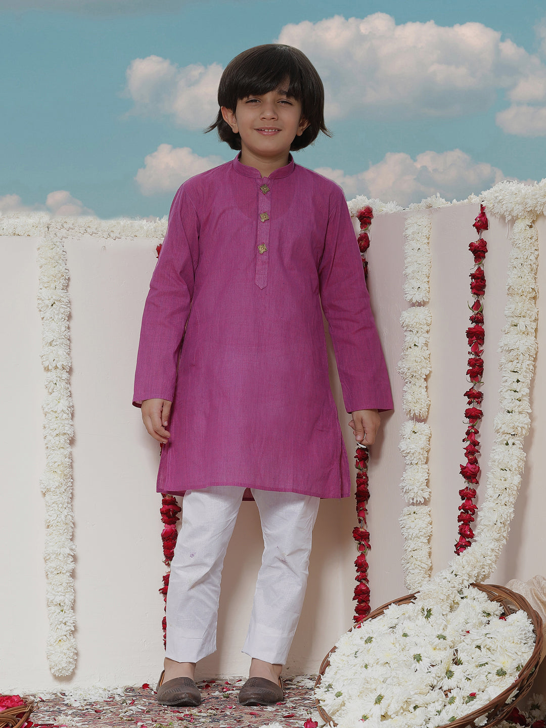 VASTRAMAY Boy's Purple Cotton Kurta and Pyjama Set