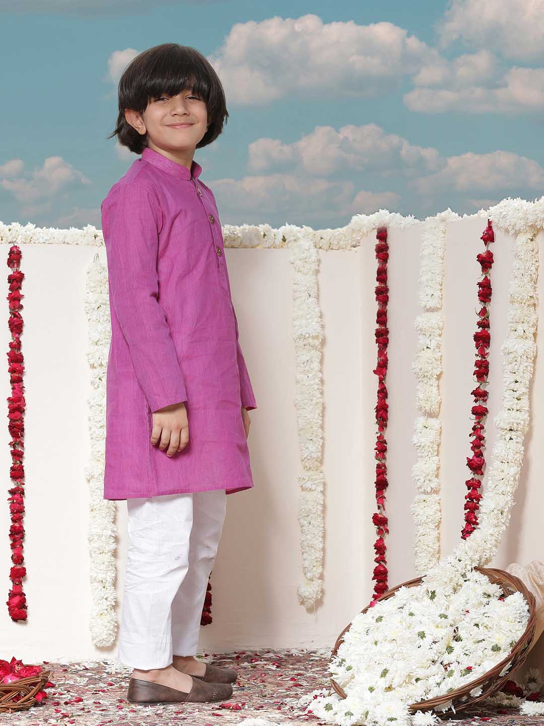 VASTRAMAY Boy's Purple Cotton Kurta and Pyjama Set
