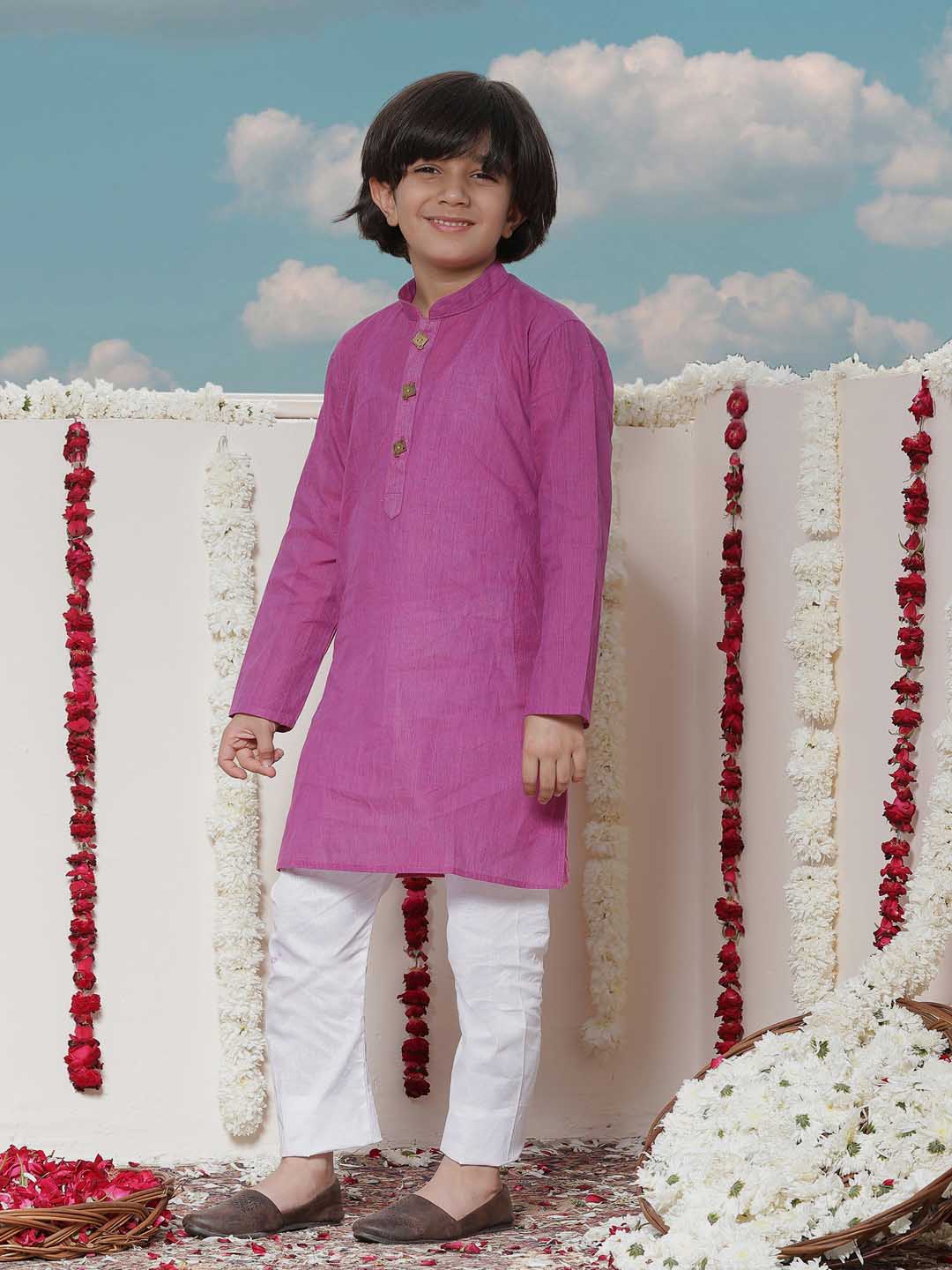 VASTRAMAY Boy's Purple Cotton Kurta and Pyjama Set