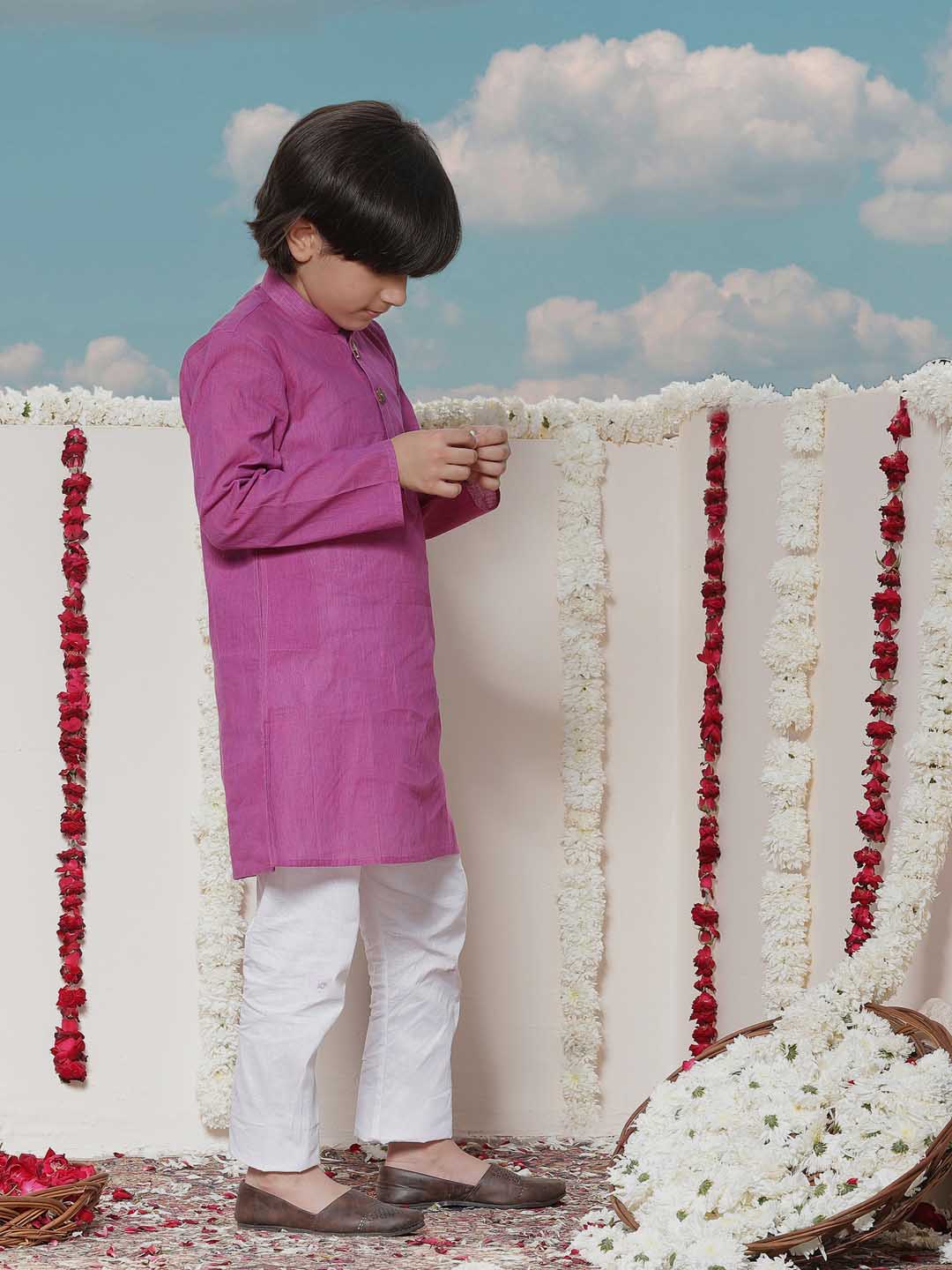 VASTRAMAY Boy's Purple Cotton Kurta and Pyjama Set