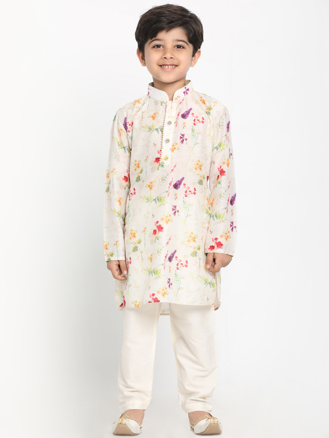 Boy's Printed Cream Cotton Blend Kurta and Pyjama Set