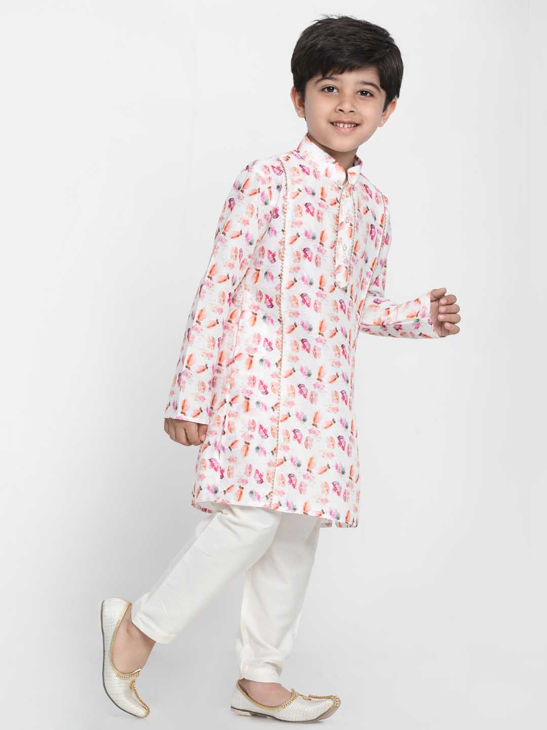 Boy's Multicolor-Base-White Cotton Blend Kurta and Pyjama Set