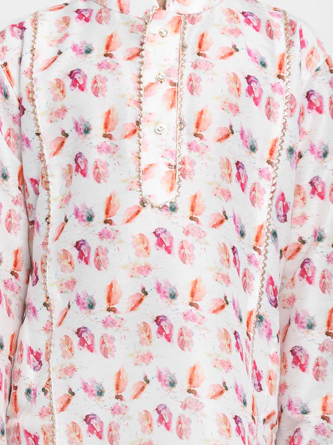 Boy's Multicolor-Base-White Cotton Blend Kurta and Pyjama Set