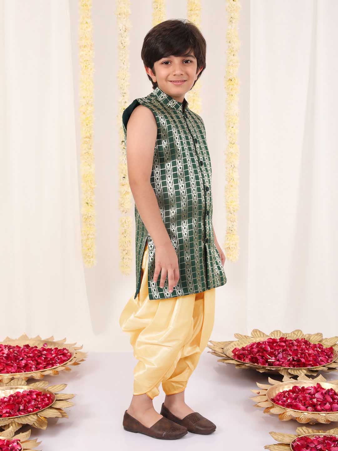 Boy's' Green Brocade Kurta Dhoti Set