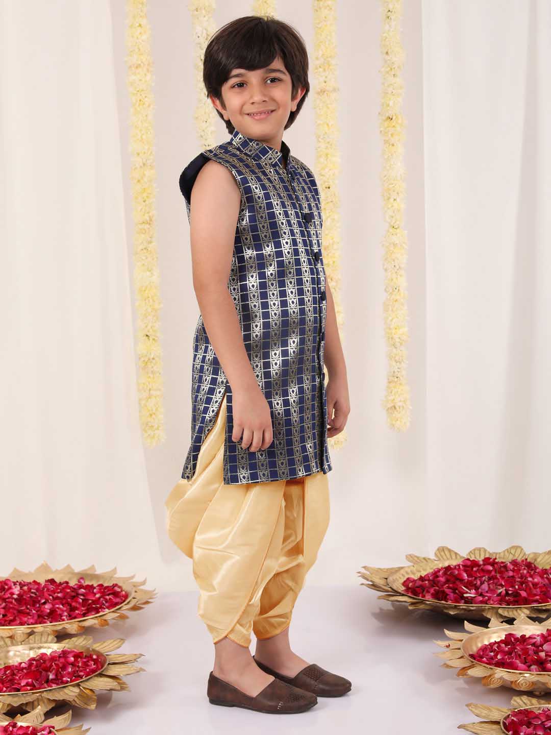 Boy's' Navy Blue Brocade Kurta Dhoti Set