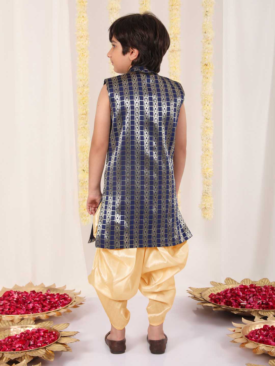 Boy's' Navy Blue Brocade Kurta Dhoti Set