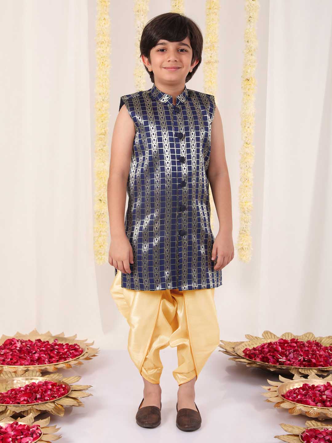 Boy's' Navy Blue Brocade Kurta Dhoti Set