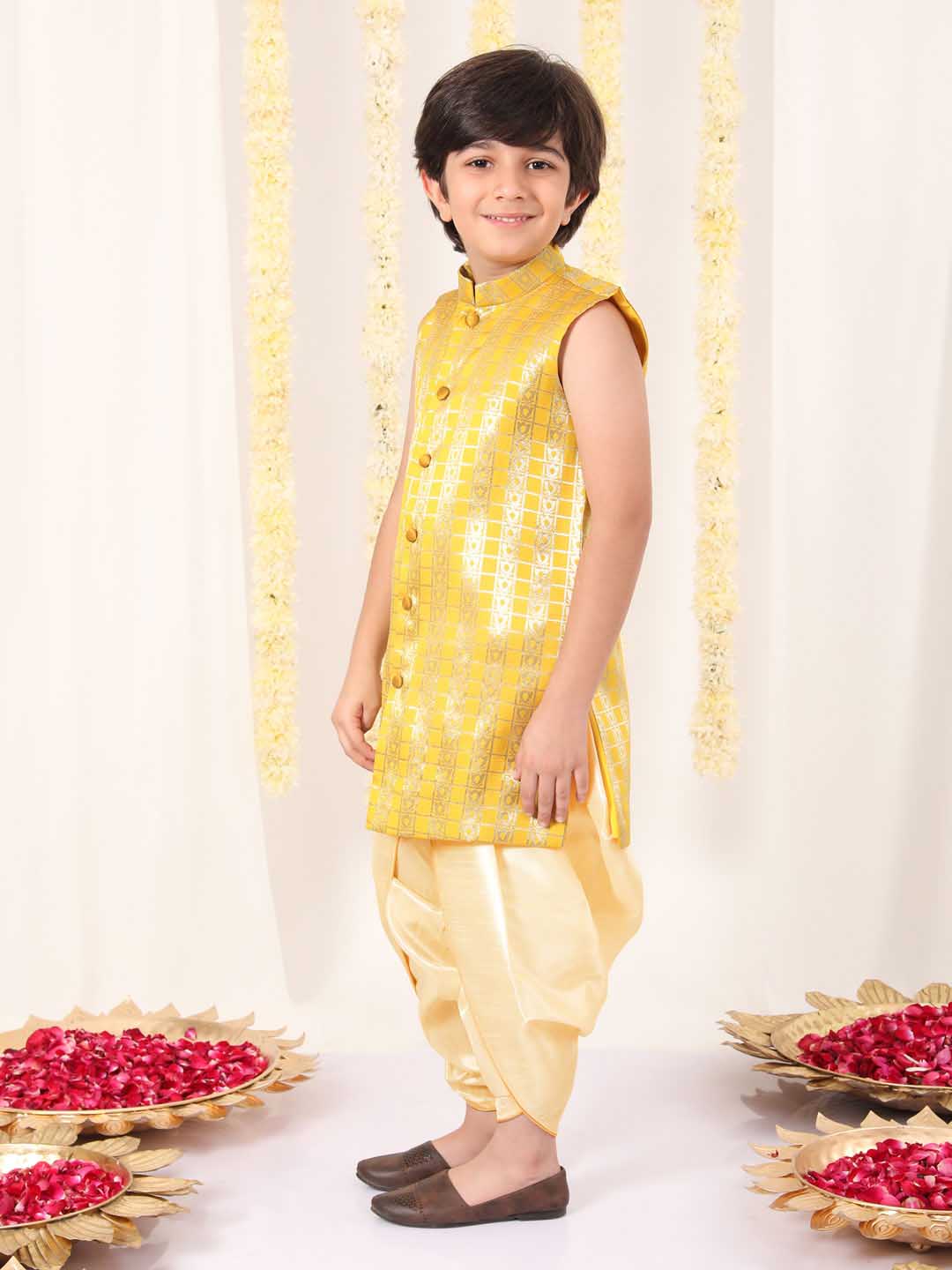 Boy's' Yellow Brocade Kurta Dhoti Set