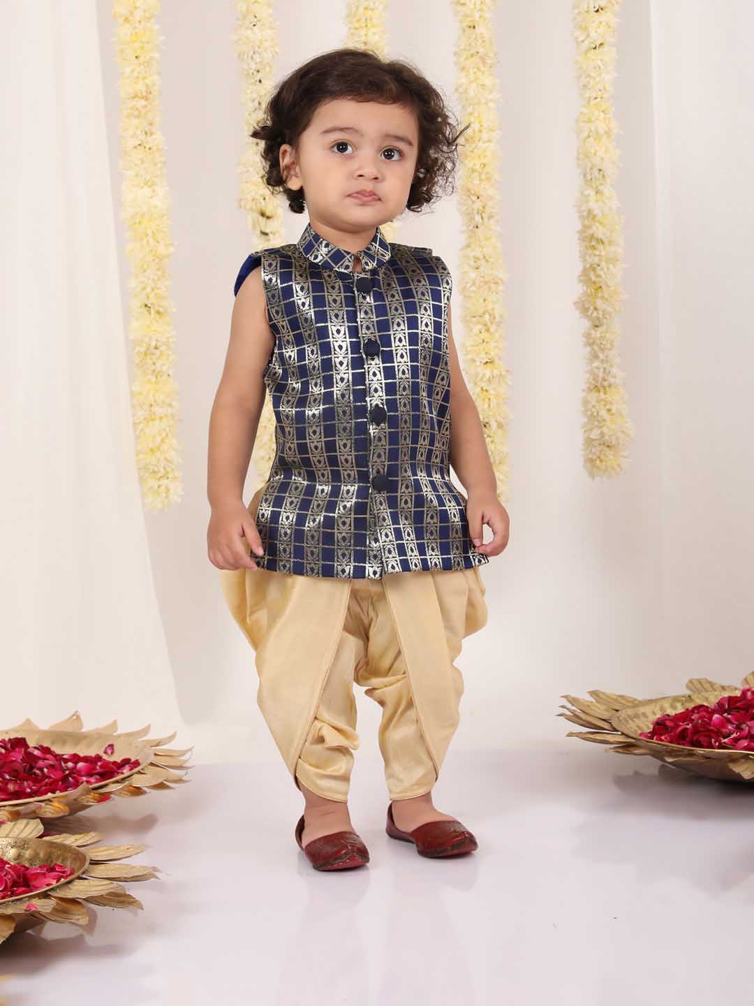Boy's' Navy Blue Brocade Kurta Dhoti Set