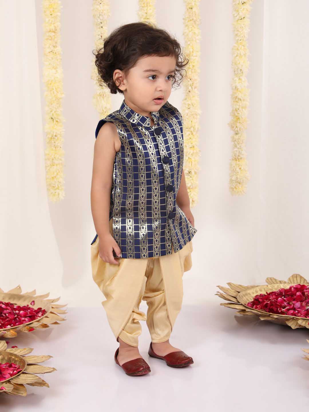 Boy's' Navy Blue Brocade Kurta Dhoti Set