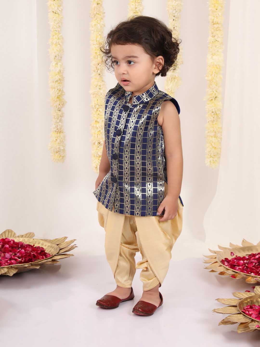 Boy's' Navy Blue Brocade Kurta Dhoti Set