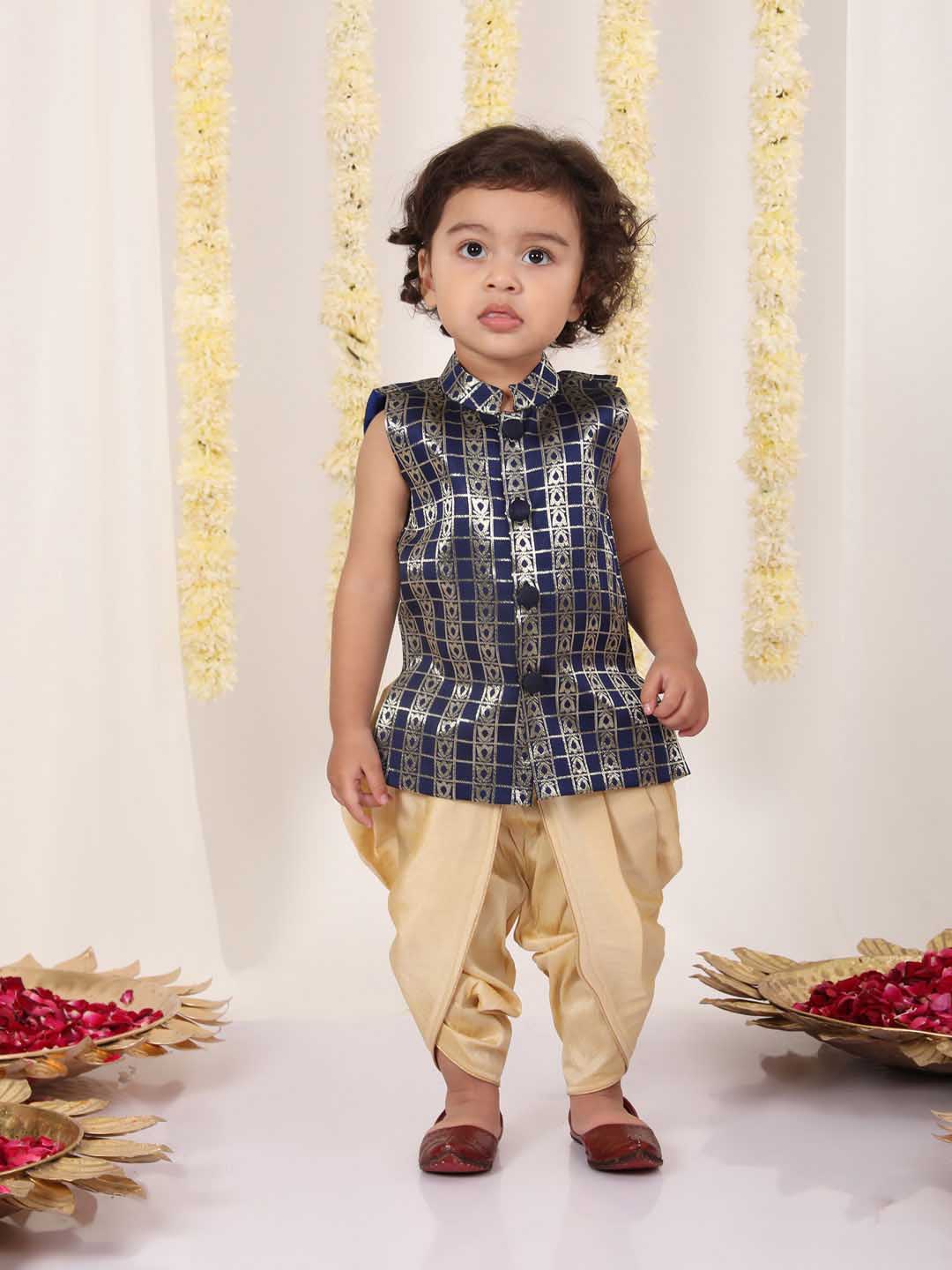 Boy's' Navy Blue Brocade Kurta Dhoti Set