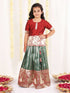 Girl's Maroon And Green Pavda Pattu Lehenga Choli Set