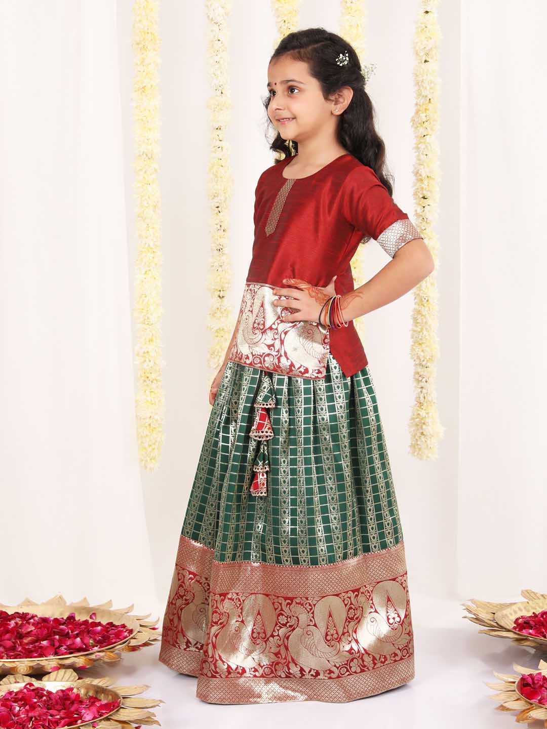 Girl's Maroon And Green Pavda Pattu Lehenga Choli Set