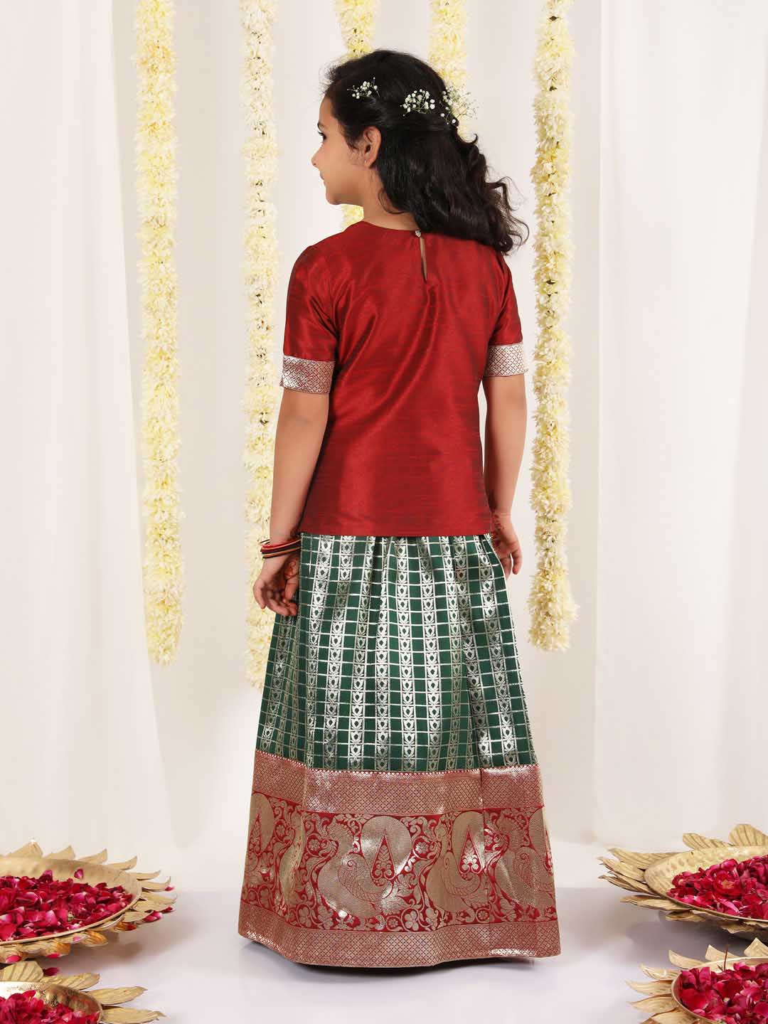 Girl's Maroon And Green Pavda Pattu Lehenga Choli Set