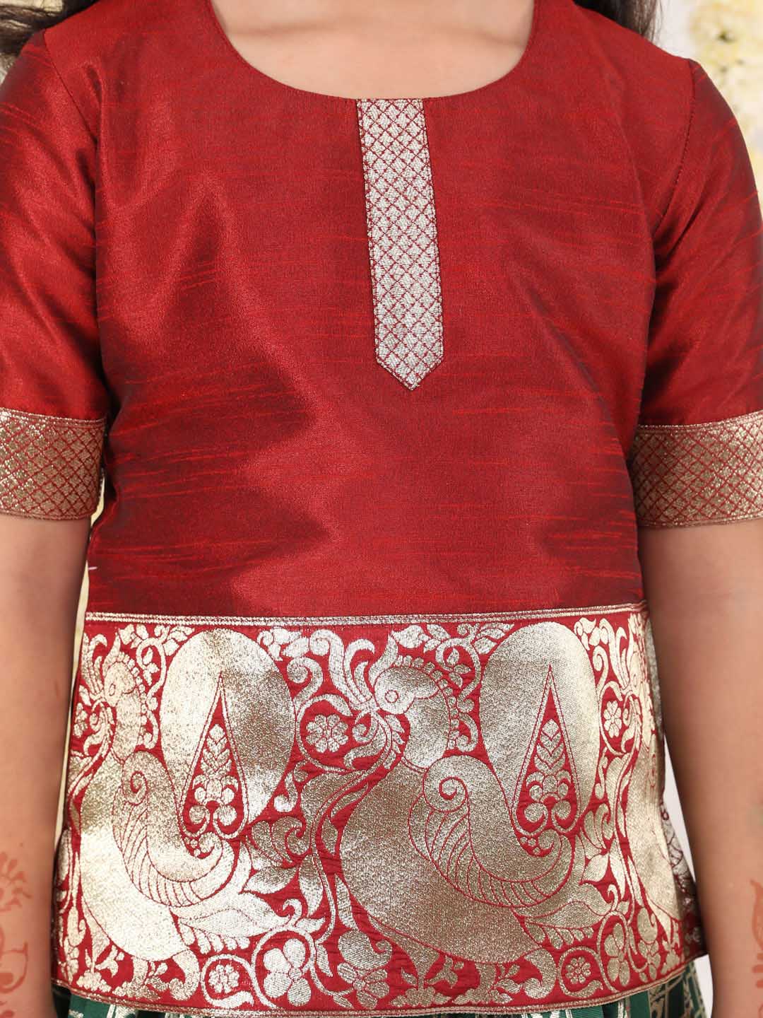 Girl's Maroon And Green Pavda Pattu Lehenga Choli Set