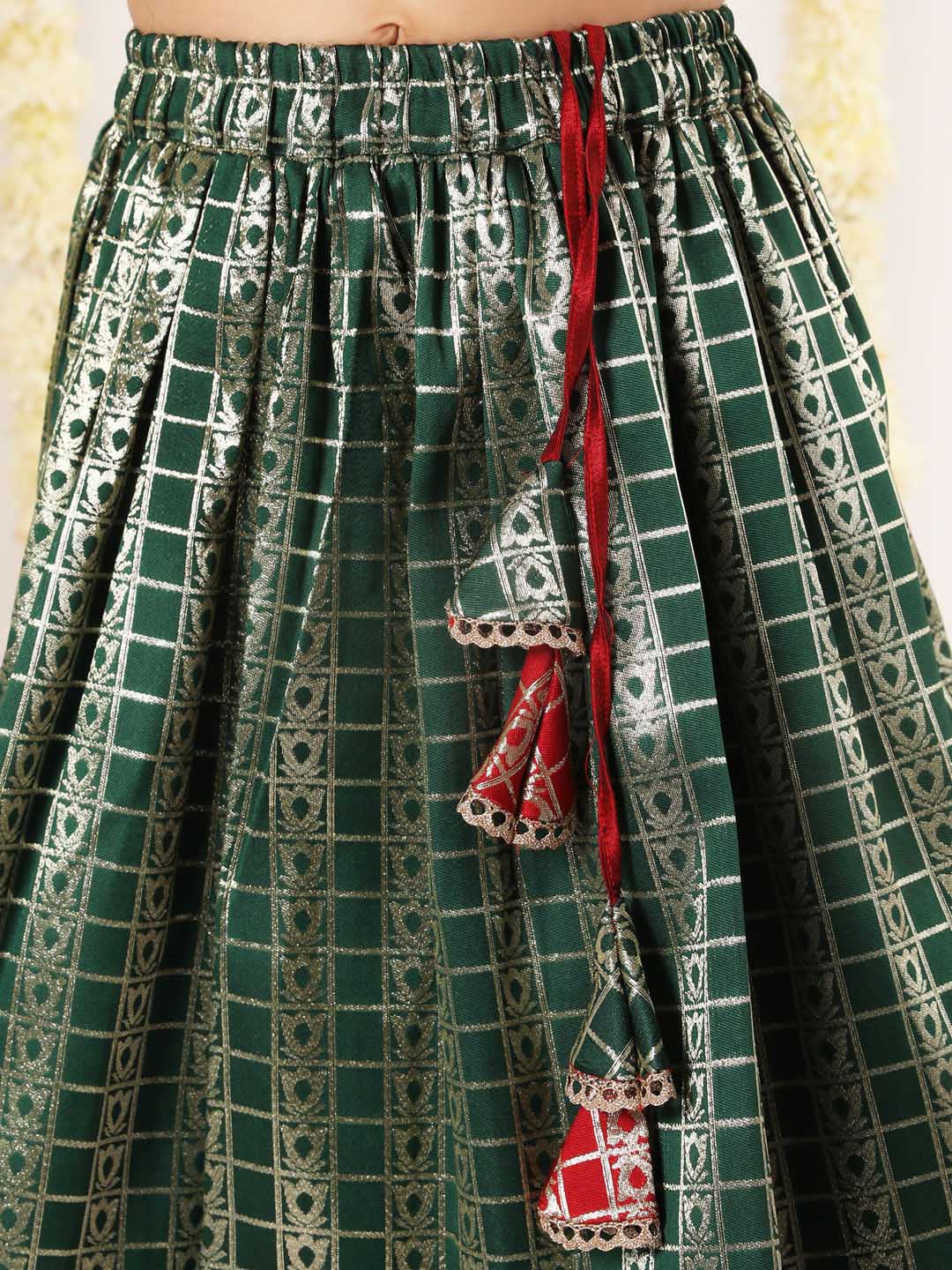 Girl's Maroon And Green Pavda Pattu Lehenga Choli Set