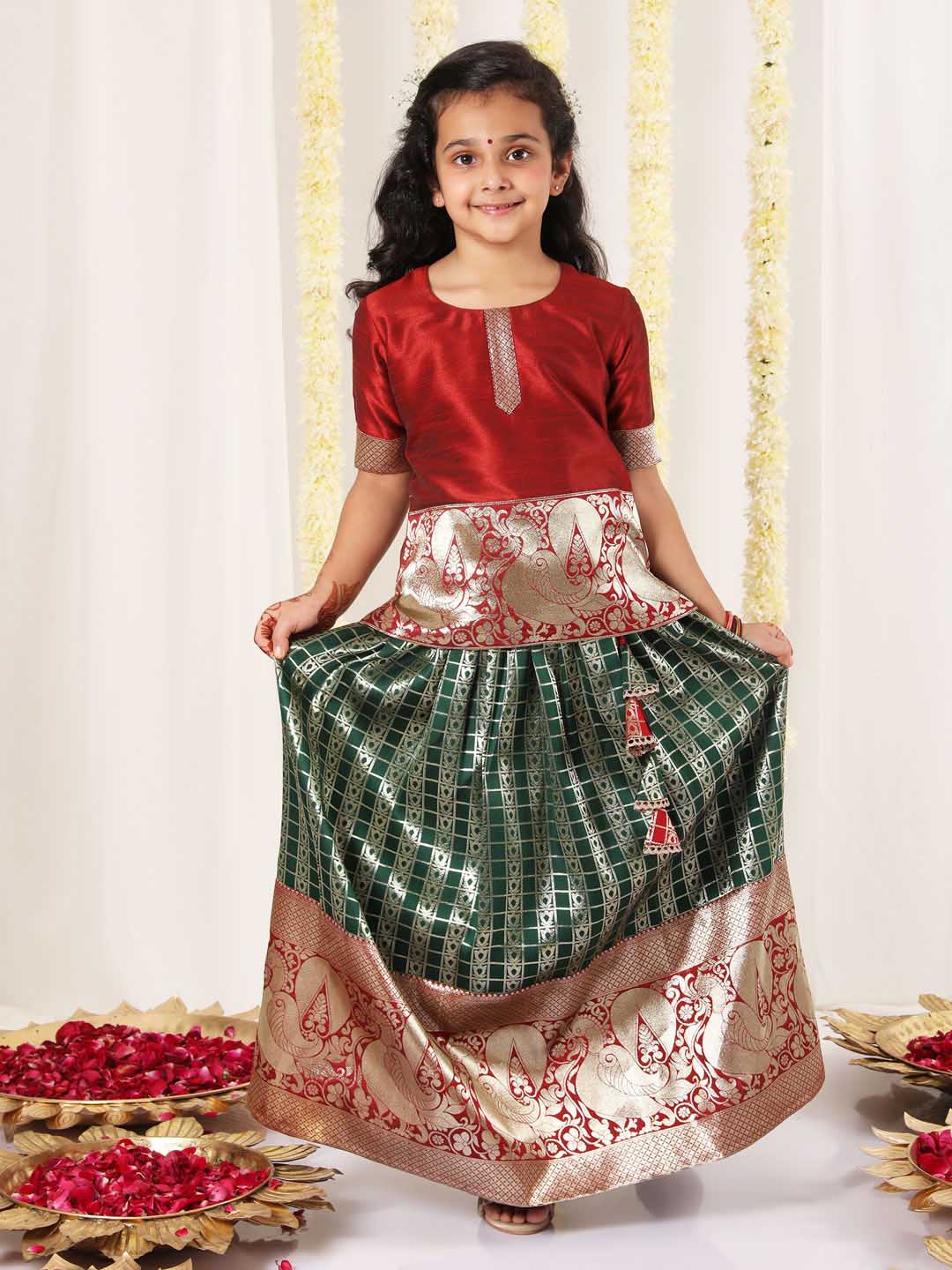 Girl's Maroon And Green Pavda Pattu Lehenga Choli Set