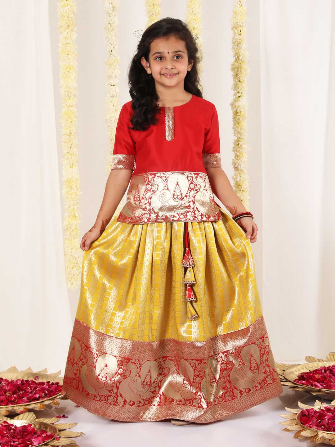Girl's Maroon And Yellow Pavda Pattu Lehenga Choli Set