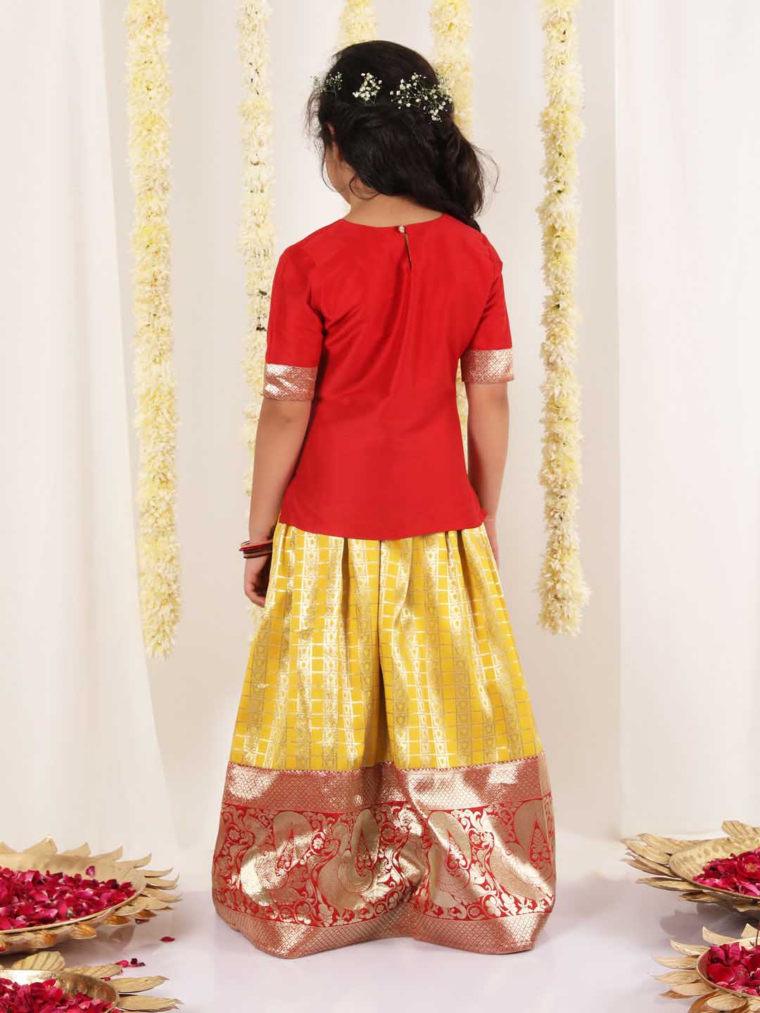 Girl's Maroon And Yellow Pavda Pattu Lehenga Choli Set