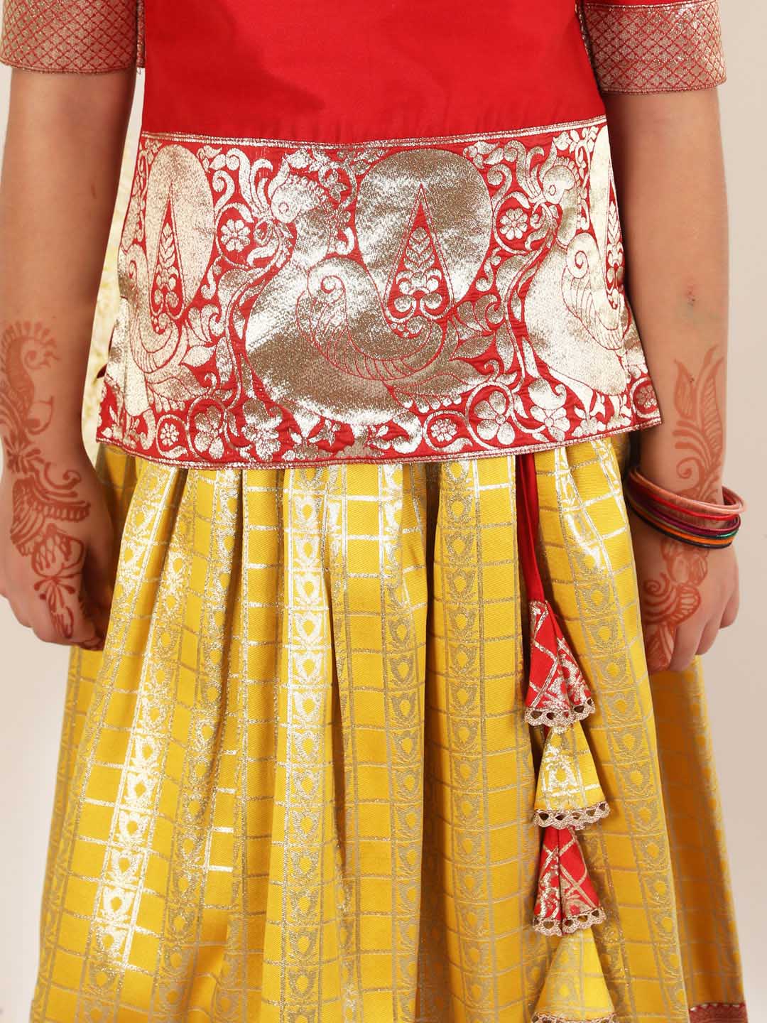 Girl's Maroon And Yellow Pavda Pattu Lehenga Choli Set