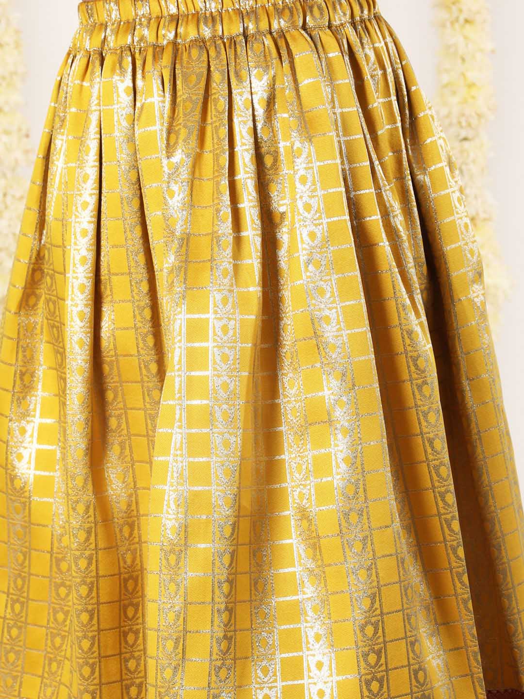 Girl's Maroon And Yellow Pavda Pattu Lehenga Choli Set