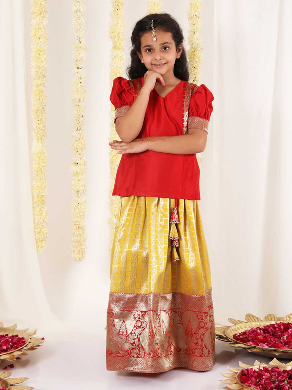 Girl's Yellow And Maroon Pavda Pattu Lehenga Choli Set