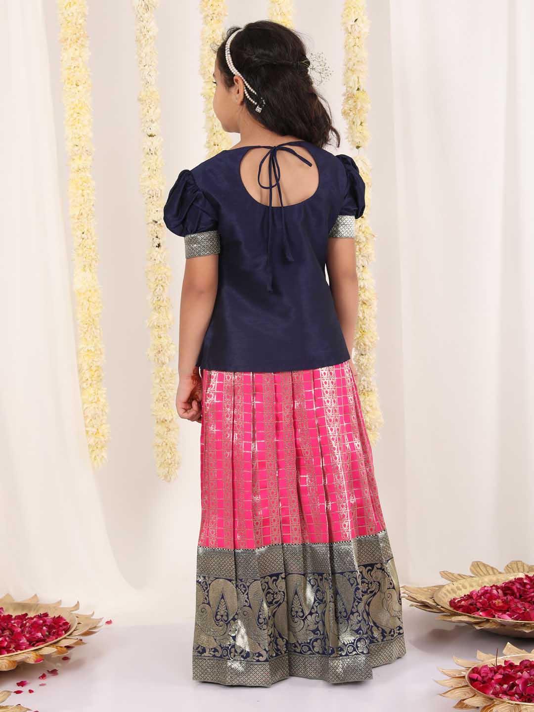 Girl's Blue And Pink Pavda Pattu Lehenga Choli Set