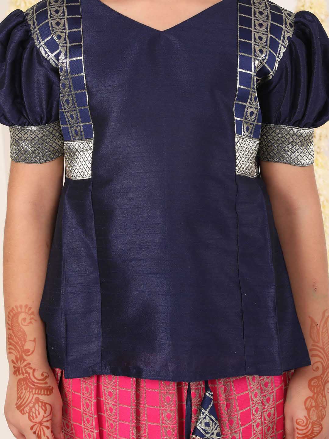 Girl's Blue And Pink Pavda Pattu Lehenga Choli Set
