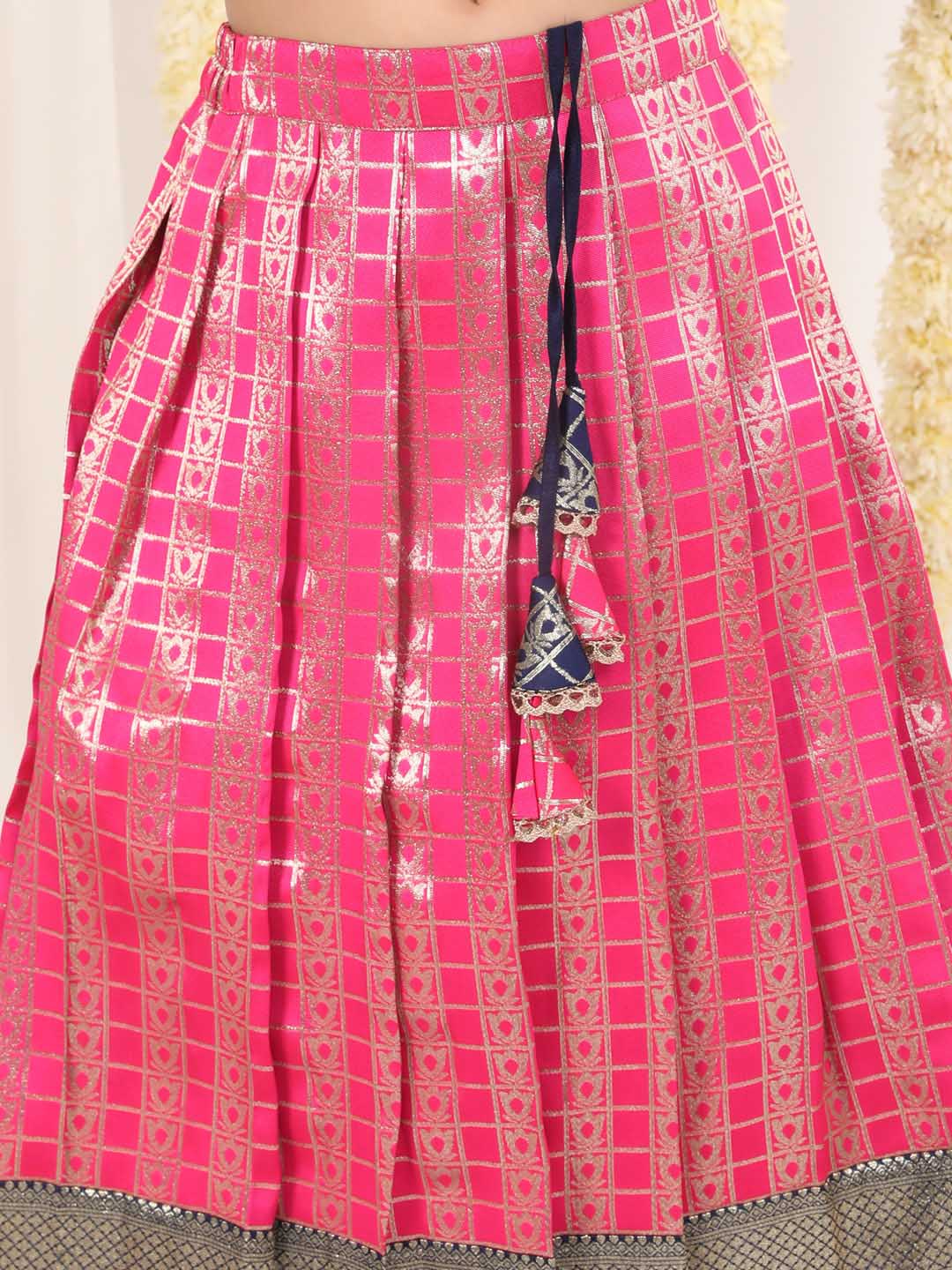 Girl's Blue And Pink Pavda Pattu Lehenga Choli Set
