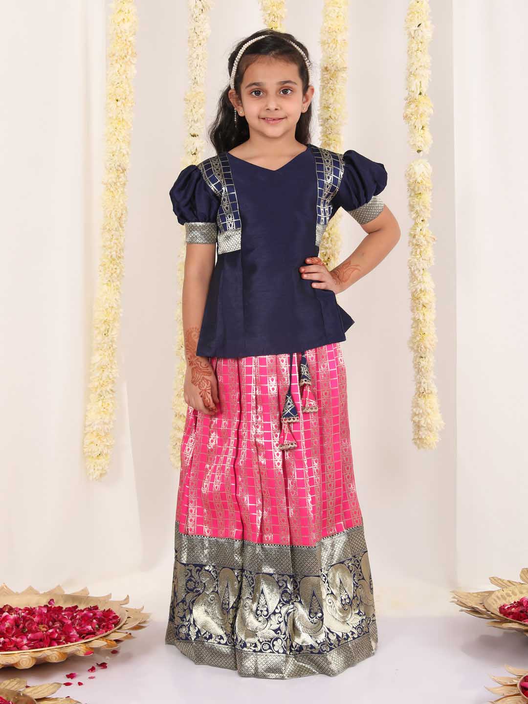 Girl's Blue And Pink Pavda Pattu Lehenga Choli Set