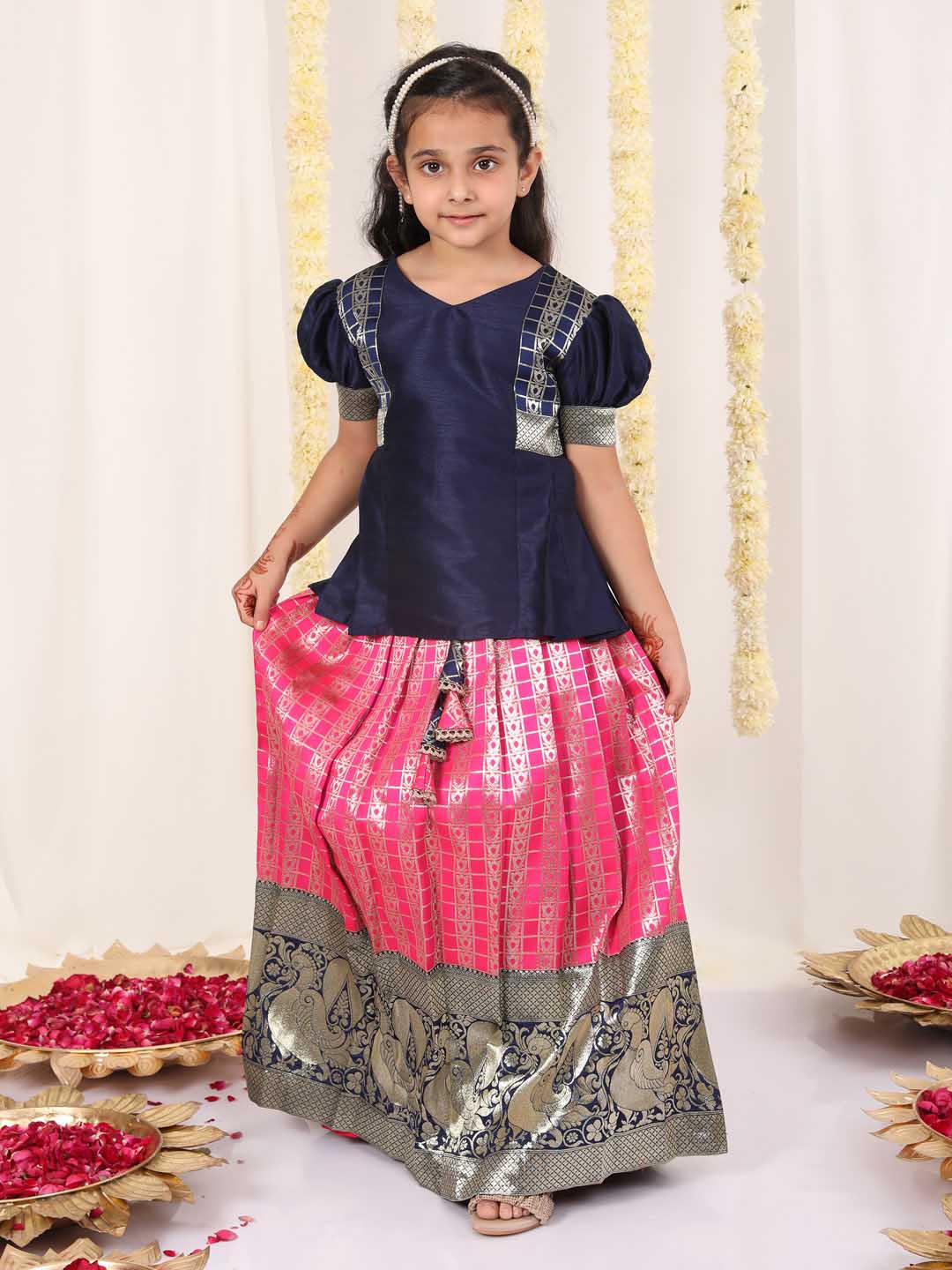 Girl's Blue And Pink Pavda Pattu Lehenga Choli Set