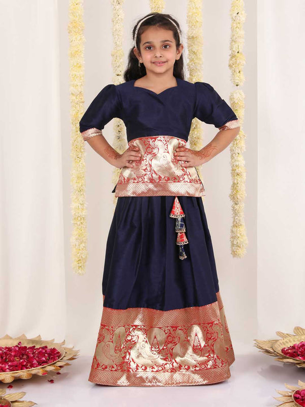 Girl's Blue Pavda Pattu Lehenga Choli Set