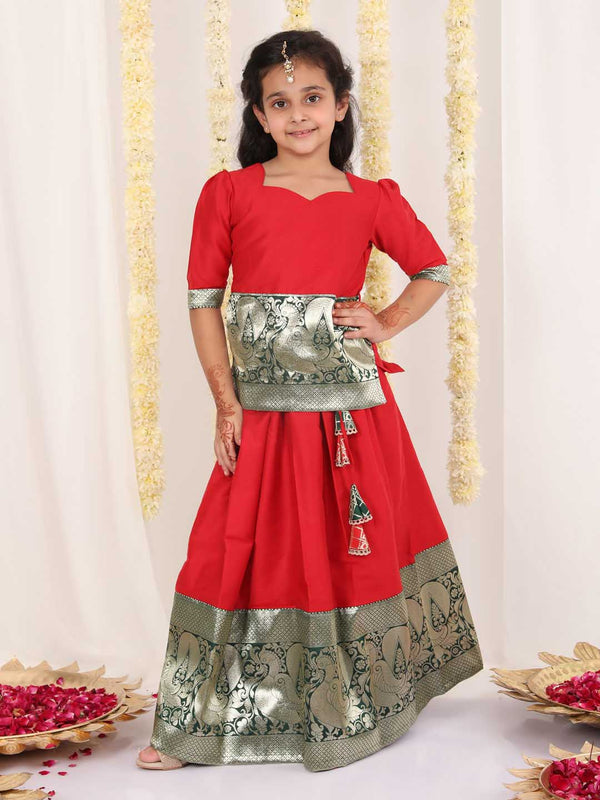 Girl's Red Pavda Pattu Lehenga Choli Set