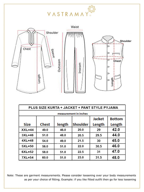 Men's Plus Size Cream Ethnic Jacket With Cream Silk Blend Kurta And Pant Style Pyjama Set