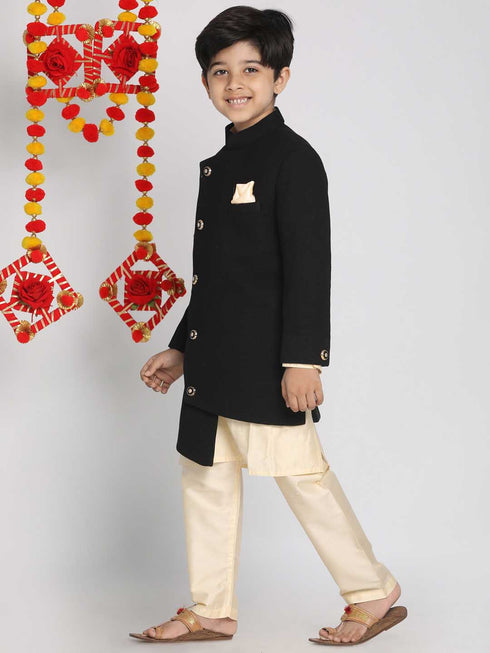Boy's Black Indo Western Jacket With Kurta And Pyjama Set