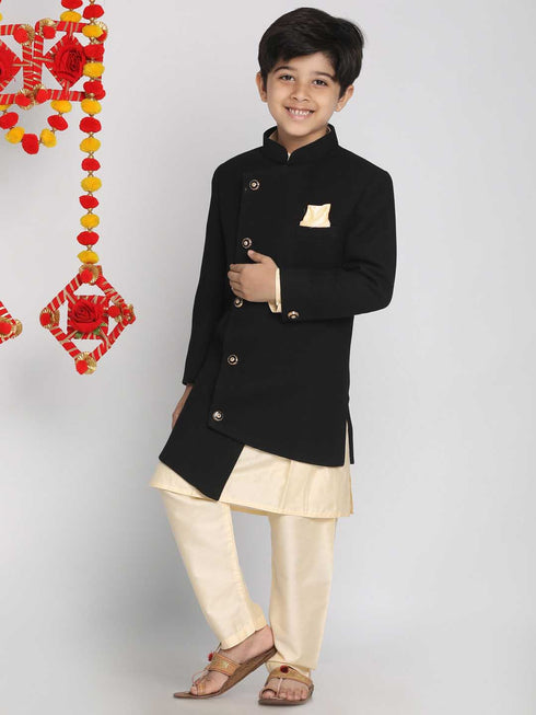 Boy's Black Indo Western Jacket With Kurta And Pyjama Set