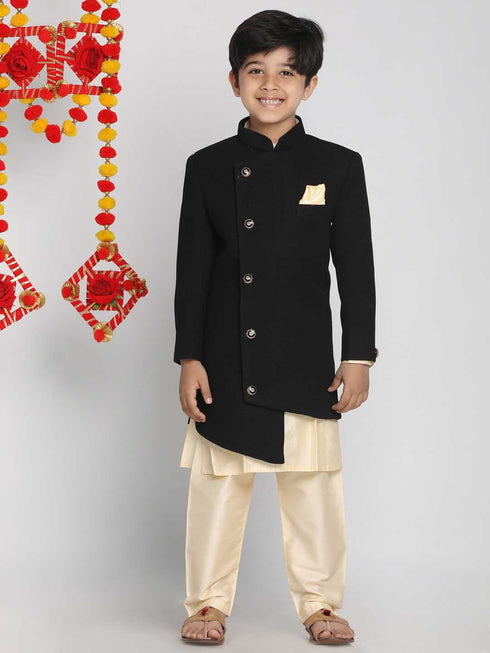 Boy's Black Indo Western Jacket With Kurta And Pyjama Set