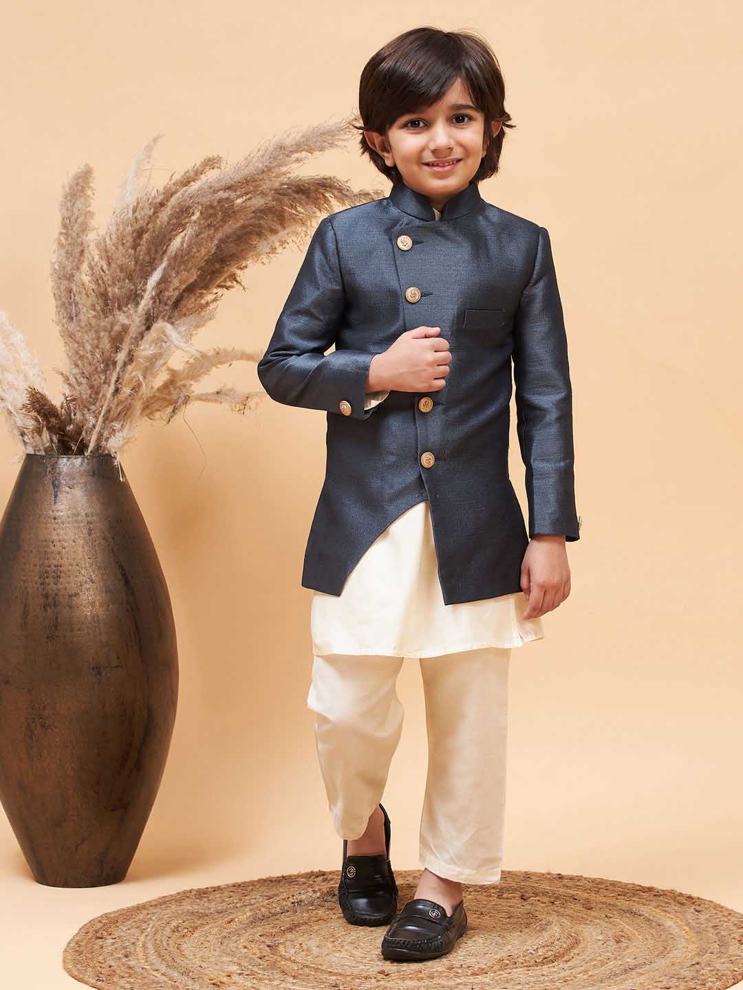 Boy's Grey Indo Western Jacket With Cream Kurta And Pyjama Set