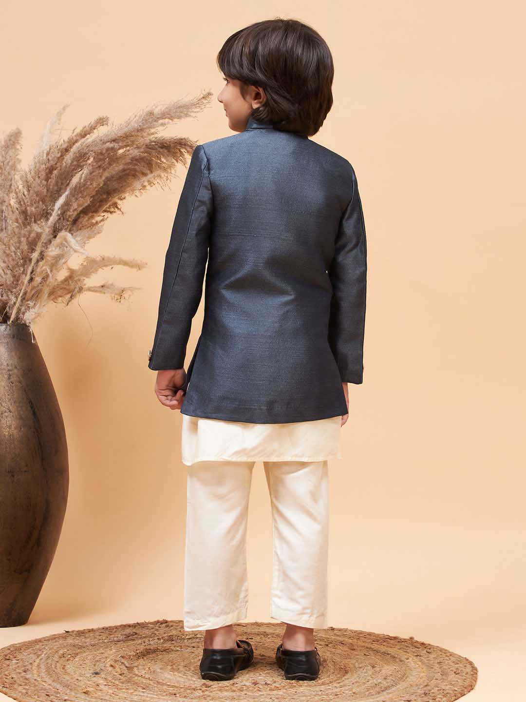 Boy's Grey Indo Western Jacket With Cream Kurta And Pyjama Set