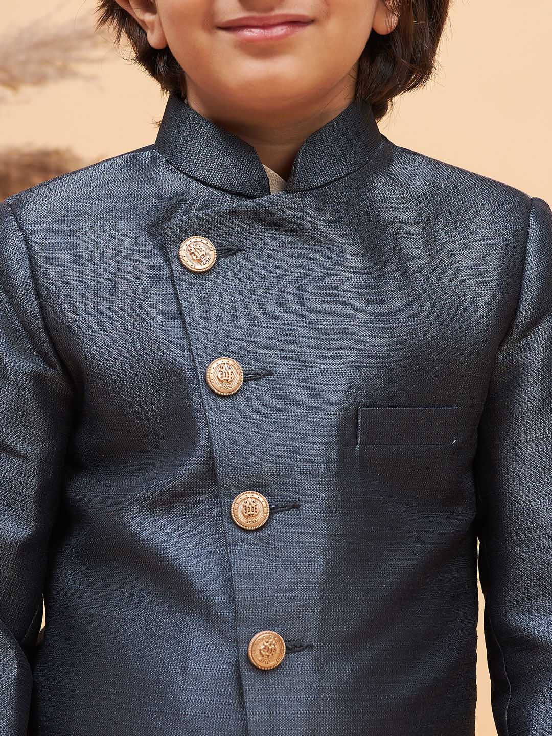 Boy's Grey Indo Western Jacket With Cream Kurta And Pyjama Set