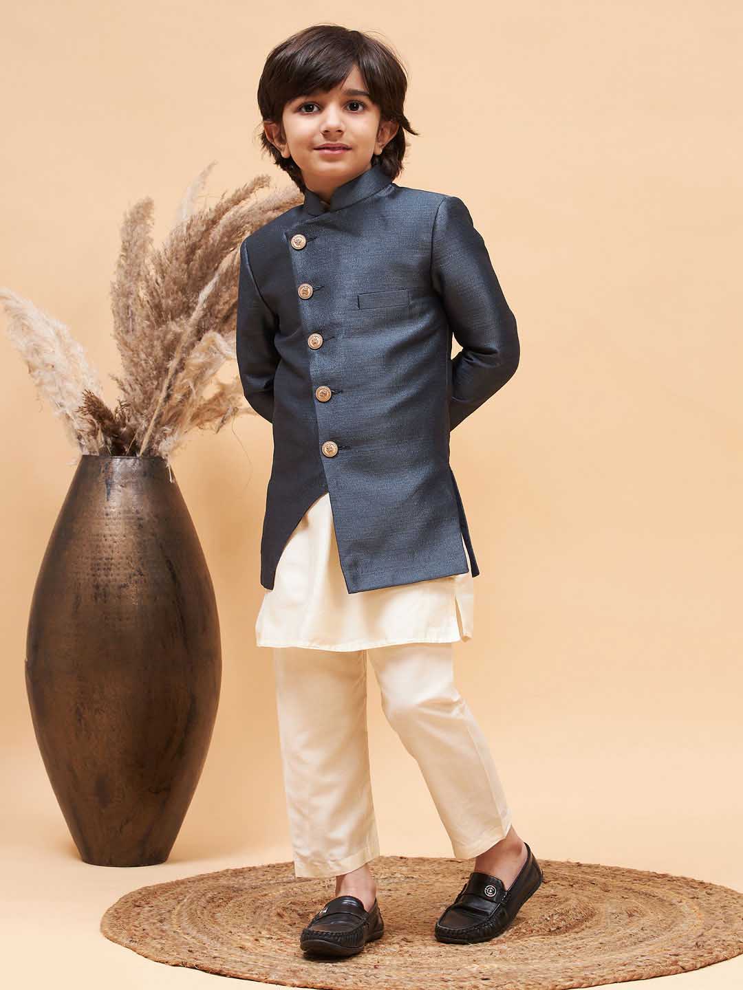 Boy's Grey Indo Western Jacket With Cream Kurta And Pyjama Set