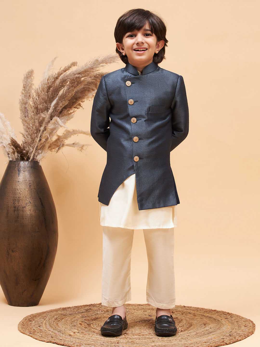 Boy's Grey Indo Western Jacket With Cream Kurta And Pyjama Set