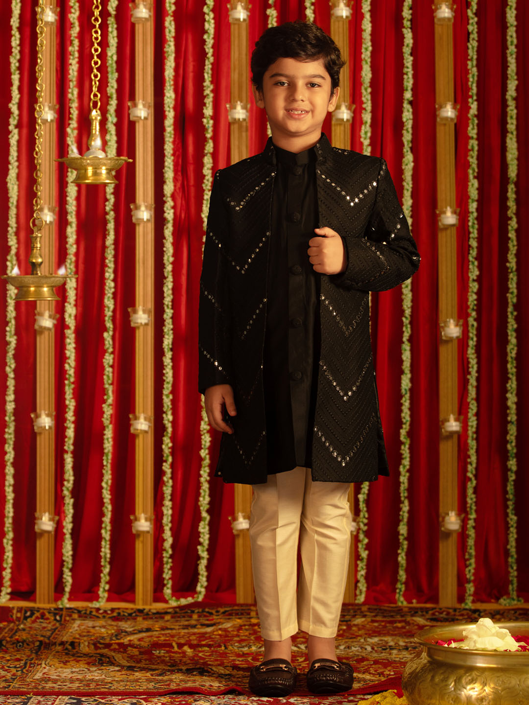 Boy's' Black And Cream Ethnic Mirror Combo Set