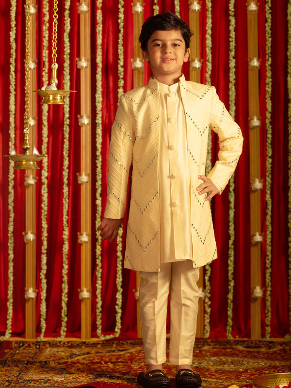 Boy's' Cream And Cream Ethnic Mirror Combo Set