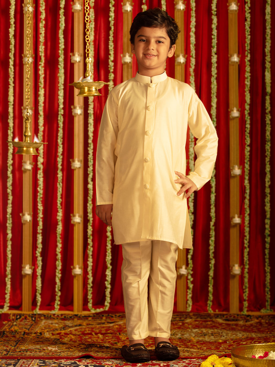 Boy's' Cream And Cream Ethnic Mirror Combo Set
