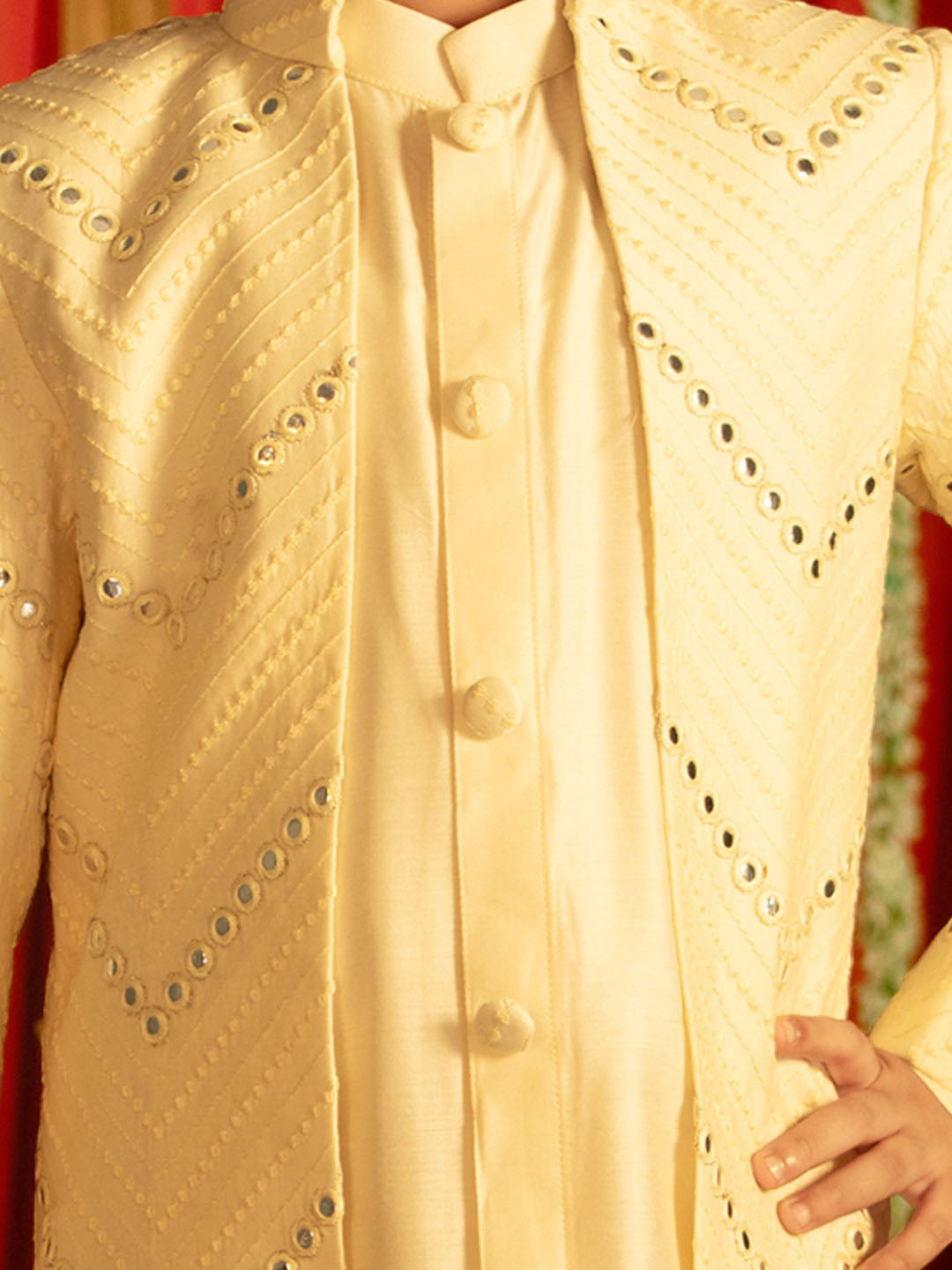 Boy's' Cream And Cream Ethnic Mirror Combo Set