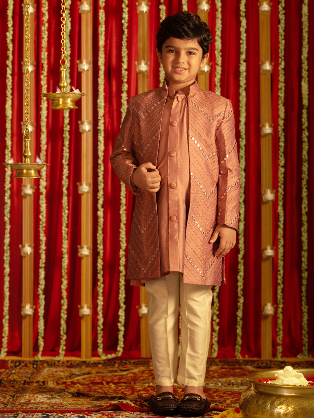 Boy's' Onion Pink And Cream Ethnic Mirror Combo Set