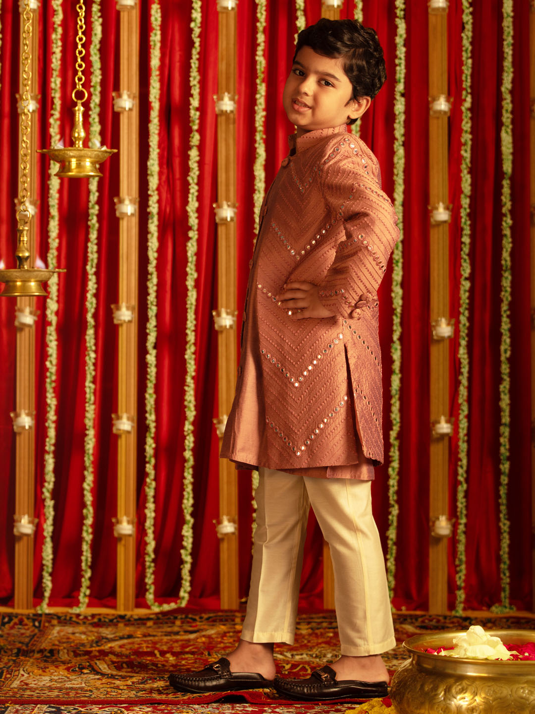 Boy's' Onion Pink And Cream Ethnic Mirror Combo Set