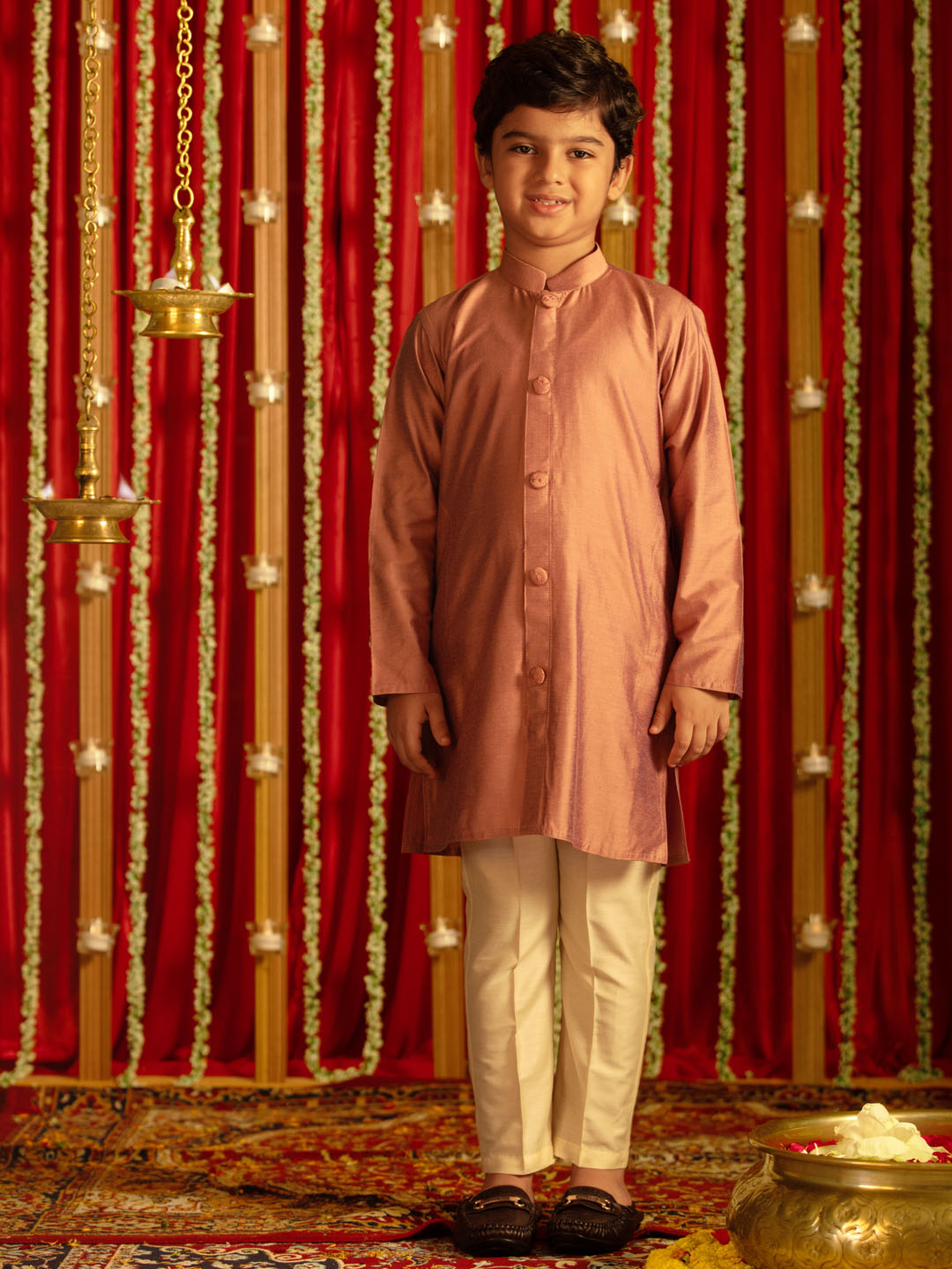 Boy's' Onion Pink And Cream Ethnic Mirror Combo Set